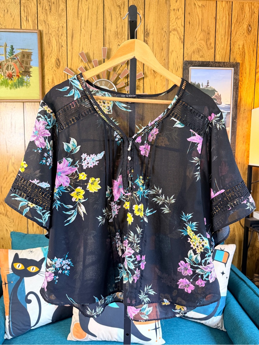 Zac & Rachel Semi Sheer Floral Angel Wing Boho Blouse